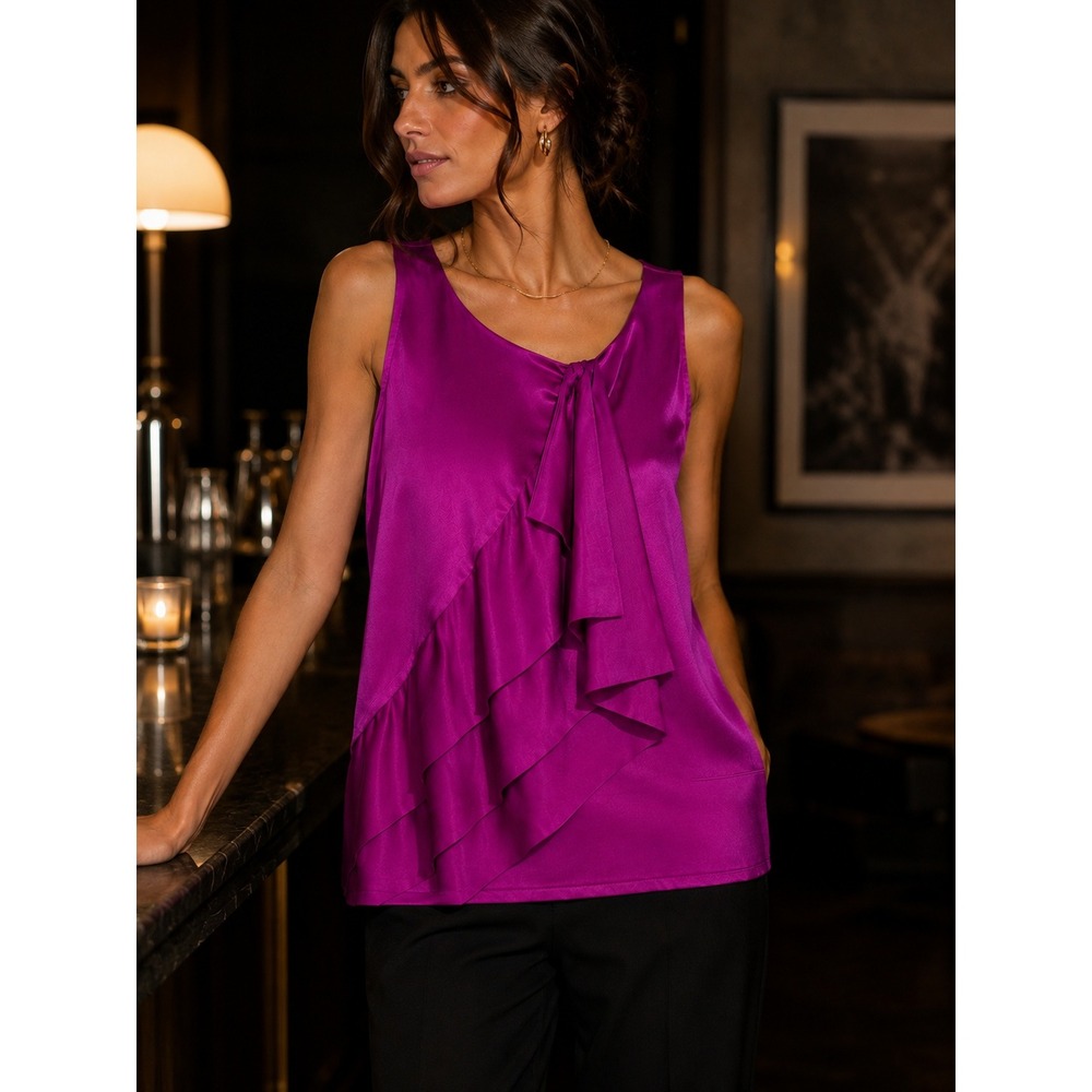 Diane von Furstenberg Caboney Top 100% Silk Ruffle Front Magenta Purple 8